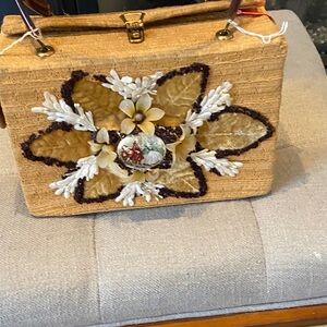 Vintage Elegant Floral Embellished Tan Satchel
